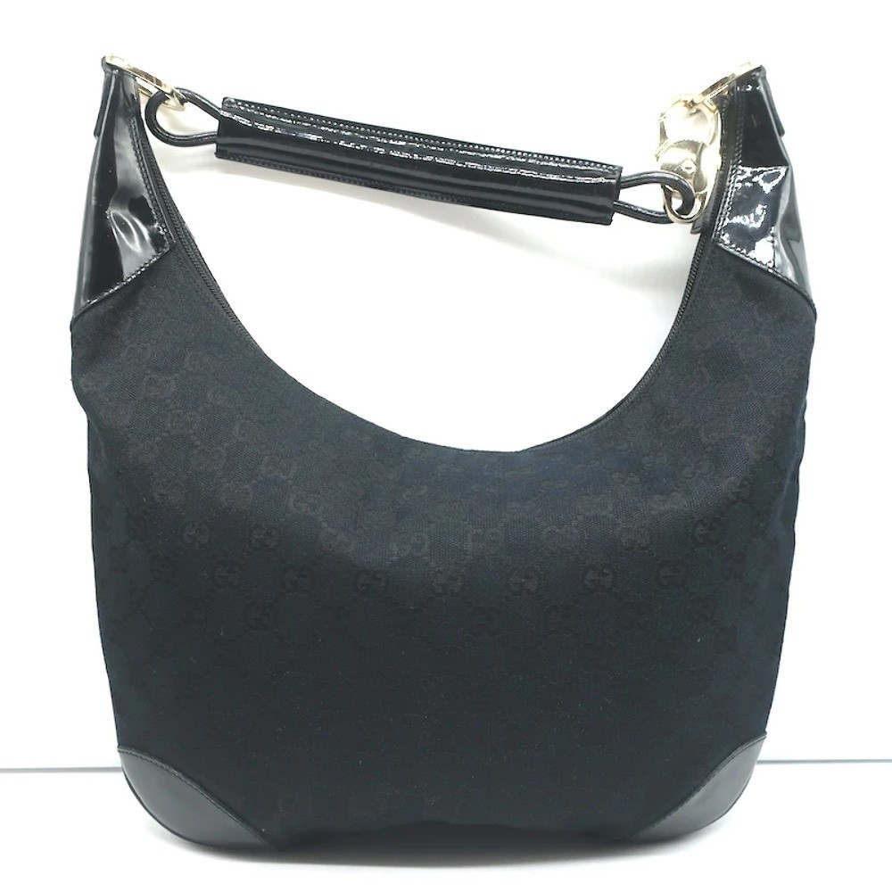 Gucci Monogram Hobo Black Patent Leather-Trim Canvas Medium Shoulder Bag - Picture 6 of 12
